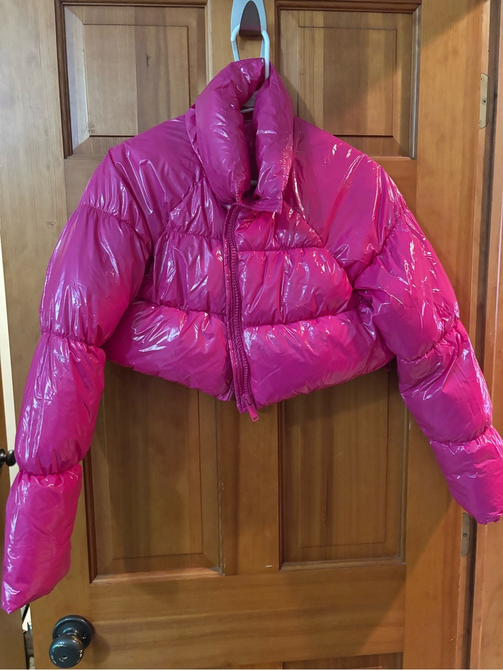 VILA Girls Shiny Hot Pink Cropped Puffer Jacket